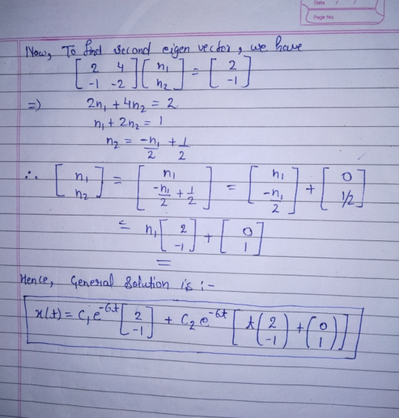 Date Page No we have 2 ni [2 [ ? = ) Now, To find second eigen vector 2 4 h₂ 2n, +4h2 = 2 nit 2n=1 M₂ = -h, tt 2 2 ny ni hz -