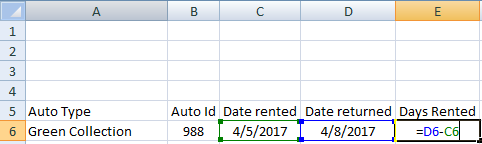 4 5 Auto Type 6 Green Collection Auto ld Date rented Date returned Days Rented 988 4/5/2017 4/8/2017 :06-c6