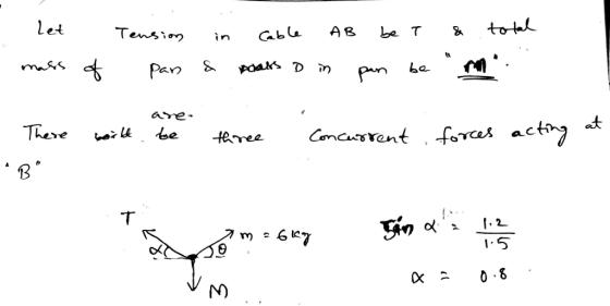 . Let mass of Tension in cable AB be t & total pan & Bass D in pan be mm. are. 1. There would be three concurrent , forces
