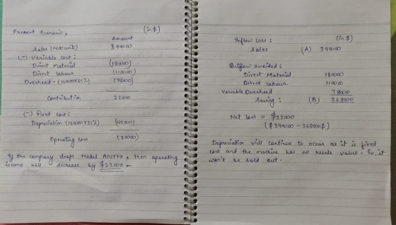 Present scenario, Amount 3 90000 Inflow Loss : sales (in $) 3 90000 (A) sales (1400 units) W variable cost : Direct material