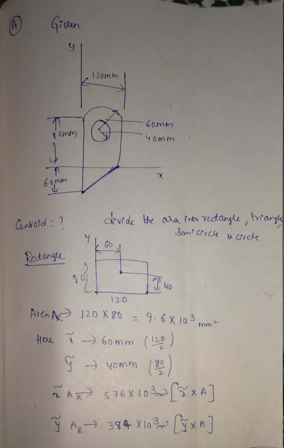 (A Given y 120mm 80mm Gomm yomm 1 1 60mm Centroid = ? divide the are into rectangle, triangle Semicircle & circle 60 Rectangl