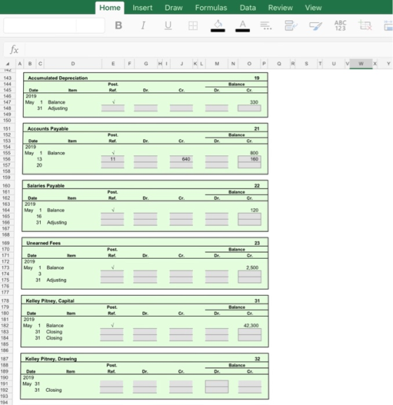 Review View Home Insert Draw Formulas BIU E Data A E fx N O P R S T U V W X 143 144 Accumulated Depreciation Post. Balance 14