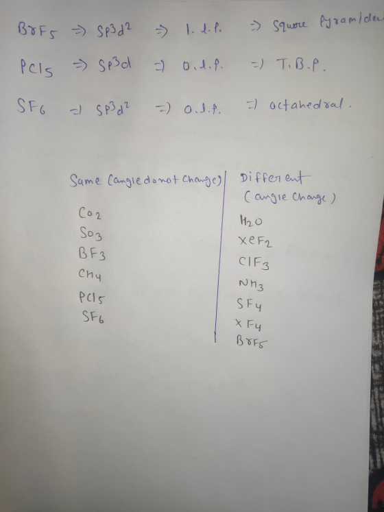 - Square Pyramiden BYFS = Sp3 d2 pels - Sp3d l. def. f Oidif. =) TiB.P. SFO - SPP d² ) O.l.f. 7 octahedral. Same Cangle do no