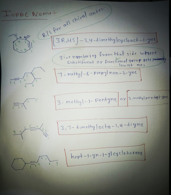 IUPAC Namet Ris for all chiral center 38,451-3, 4-dimethylcyclooct-1-yne) givenambering from that side whert substituent or f