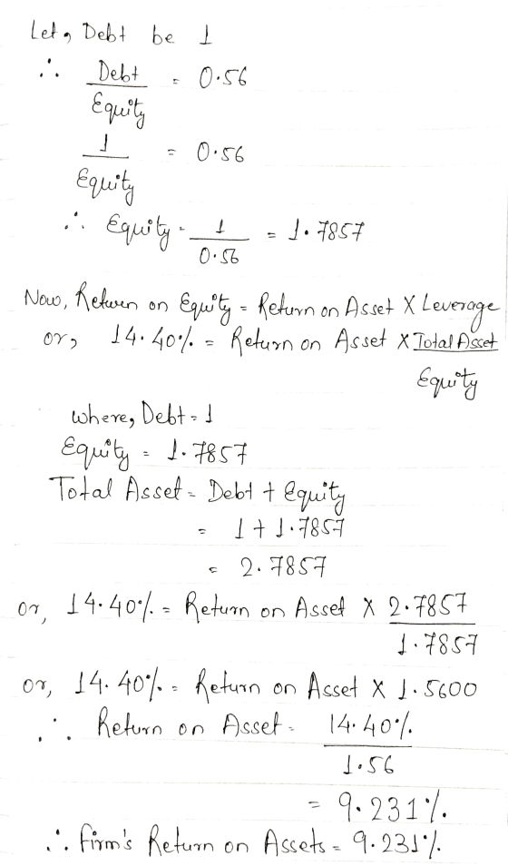 Leta Debt be t . Debt 0.56 Equity 0.56 Equity .. Equity to 1.7857 - 0.56 OY) Now, Retwen on Equity = Return on Asset X Levera