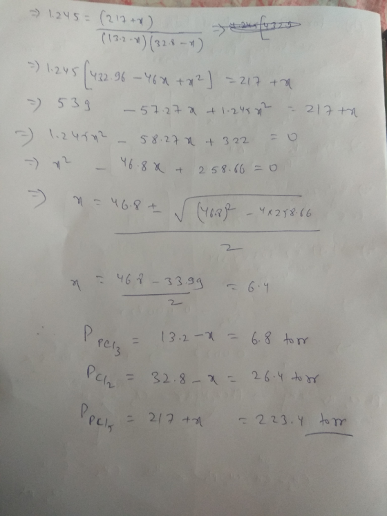 = 223.4 torr PCI = 217 tn Pch = 32.8-a = 26.4 toor Mof 8 9 = -7.81 = Ppelz 2 hig - 568E- & 9h - le 99.812xn- zooh 7 8 9h = h