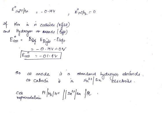 Egiptlen -0.140 , buitine to of time is in calhode (right) and Hydrogen at Eanode (left) Ecen - Avey ERight - Elefr =-0.14 V-