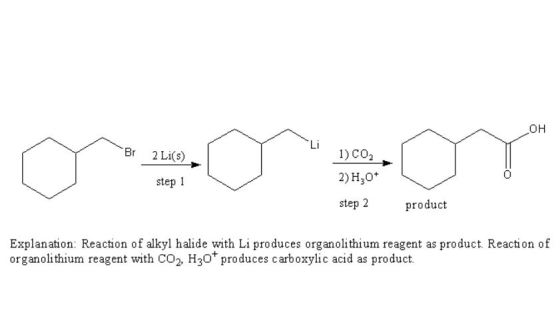 он Li 1) CO2 2) H3o step 2 Br 2 Li(s) step 1 product Explanation: Reaction of alkyl halide with Li produces organolithium rea