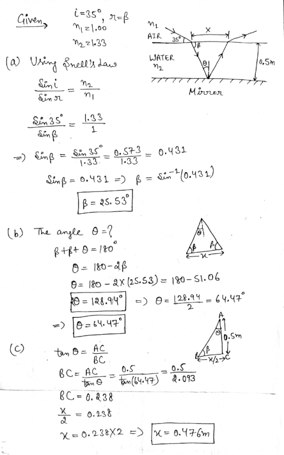 i=35°, r=ß AIR 35° Givena niz1.00 N2 21.33 (a) Using Snells Law Sini WATER n2 01 0.5m N2 Mirror Sinr ni 1.33 1 Sin 35° Sinß