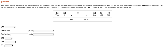 Question 5 More lenses. Object O stands on the central axis of a thin symmetric lens. For this situation (see the table below