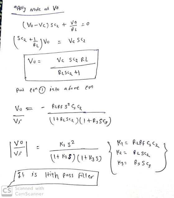 apply rude at Vo Ri ( Vo-VC) 5€ + VO-0 (sca + 2) Vo = Vesta Ivo= Ve Sa RL. Rescat put ean 0 into above ean Vo = - RLRF SPCs C