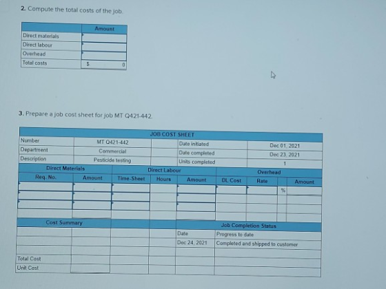2. Compute the total costs of the job Amount Direct materials Direct labour Overhead Total costs 5 0 3. Prepare a job cost sh
