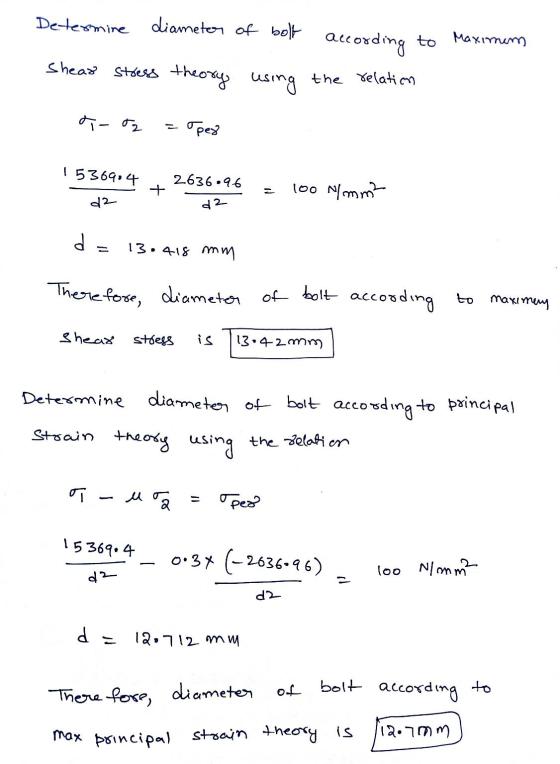Determine diameter of bolt according to Maximum shear stress theory using the relation a02 о per 15369.4 2636.96 + 100 N/mm d