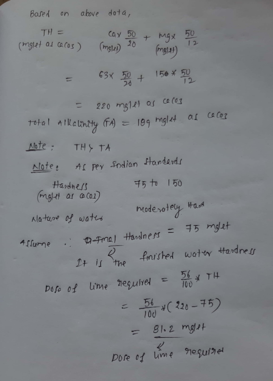 Based above on TH = Cay 50 50 Mgx 1 2 (MSlet 156 50 12 63x 50 1 220 mg1&t as ce(OI Ca Cor as total A 4ikelnty FA) 109 mgl4 Nl