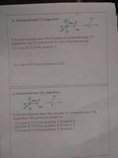b. Intramolecular CO migration OC-Me FS CH, If the mechanism were the reverse of intramolecular CO migration, the CO lost wou