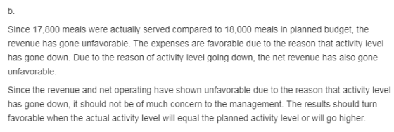 Since 17,800 meals were actually served compared to 18,000 meals in planned budget, the revenue has gone unfavorable. The exp