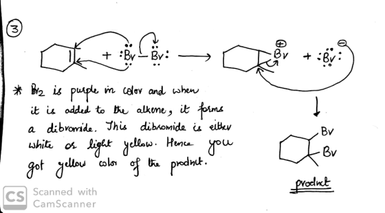 (3) Bv By Bv 2is puple n celov and when it i odded to alkeme, it toims 1 a dibromide. Jhiu dibiomide is eitkv Bv whit o igkye