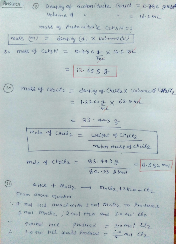 Answer & Density of actoniturile C2H3N -0.75 g mlet Voleme of 11 - 16.1mL mass of Acetonitrile (angN=2 mass (m) = density (d)