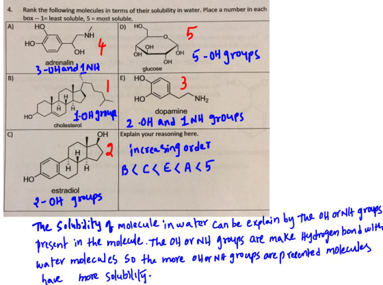 Rank the following molecules in terms of their solubility in water. Place a number in each box-1-least soluble, 5 4. most sol