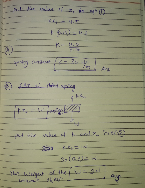 2 put egn 0 the value of a in kx - 4.5 K(0.15 = 4.5 Ke 4.5 0.15 - spring constant (K= 30 m f. BD of theird spring Akas tut in