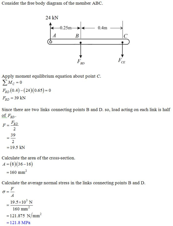 Consider the free body diagram of the member ABC. 24 kN 0.25m 0.4m СЕ BD Apply moment equilibrium equation about point C. FBD