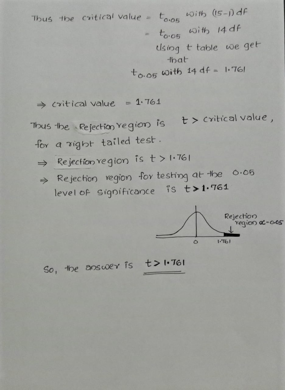 to.05 to.o5 Thus the critical value with (15-1) df with 14df using t table we get that to.or with 14 df = 1.761 → critical va