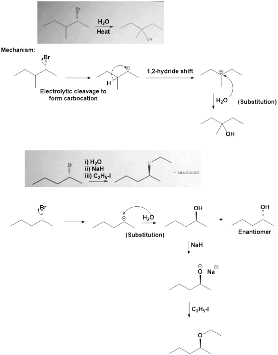 Br Нао Heat OH Mechanism: Br 1,2-hydride shift Н Electrolytic cleavage to form carbocation Нао (Substitution) Он i) H20 ii) N