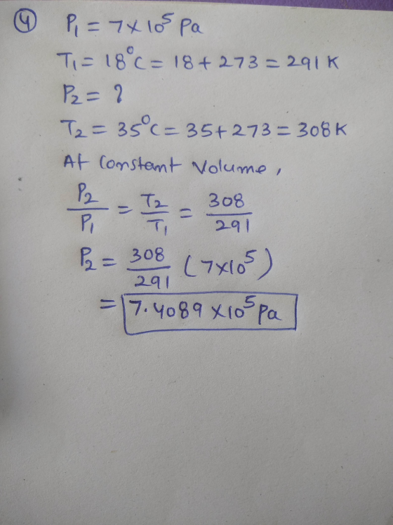 © = 14 15 Ра Т - 18°С- 18 + 273 – 241 к Р= 2 Т2= 3 = 35+ 273 = 306K At Constant volume, 308 201 = 308 (7х105) 27. vo89 x tor