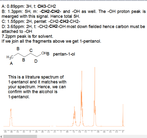 A: 0.89ppm: 3H, t: CH3-CH2 B: 1.3ppm: 5H, m: -CH2-CH2- and -OH as well. The -OH proton peak is mearged with this signal. Henc