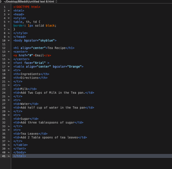 2 --/Desktop/BBeddit/untitled text 8.html <!DOCTYPE html> <html> <head> <style> table, th, td { border: 1px solid black; 3 </