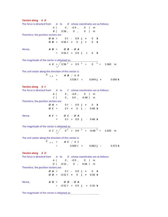 Tension along A B The force is directed from A to B whose coordinates are as follows: 0 0 B0.56, 0 Therefore, the position ve