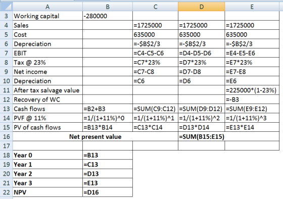 с р Ε в 3 Working capital -280000 4 Sales 5 Cost 6 Depreciation 7 EBIT 8 Tax @ 23% 9 Net income 10 Depreciation 11 After tax