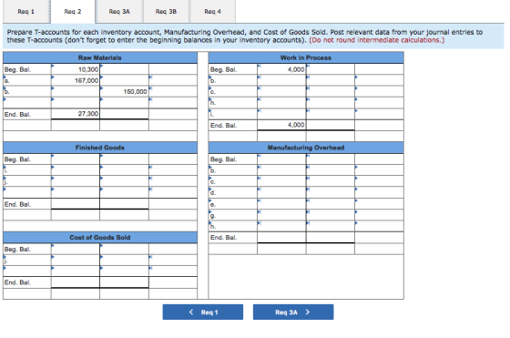 Reg 1 Reg 2 Reg 3A Req 3B Reg 4 Prepare T-accounts for each inventory account, Manufacturing Overhead, and Cost of Goods Sold