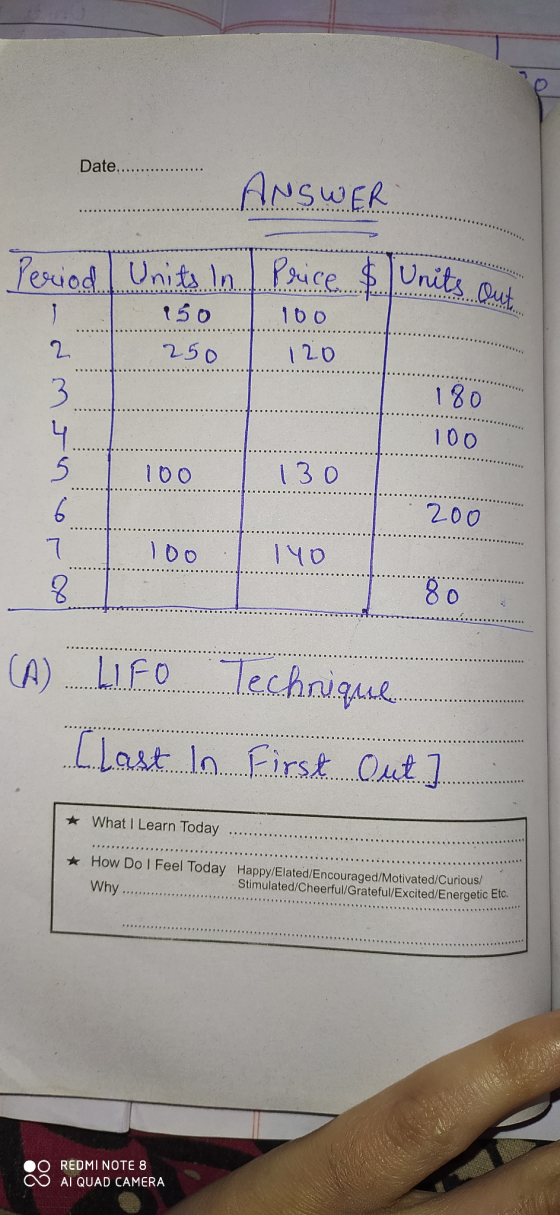 Date.. Units In Price & Units out... ANSWER 150 2 250 100 120 لر 180 4 100 5 100 130 6 200 7 | Чр 8 80 (A) LIFO Technique Cla