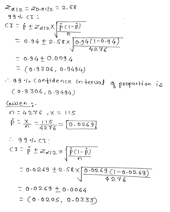 2012= 20.0112 = 2.58 99./. CI; CI-P + Zal2x PC1-) * &12[picines 0.94 = 0.94 + 2.58x0.9461-0.94) 4276 = 0.94 +0.0094 - (0.9306