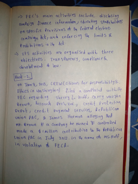 FECs main activities inclode disclosiny camPai gn inance infor malion cocain stake hol on Specifre ProviStons ot the federal elecioo compaign Act, and enforcing tle limits Prohi biions in e Ack sıtS activities are organised ω1th three objectives TranyParency, Com pliance& dle ve lo? memt law Past- on Tongノ2013, CREW (citizens for Responsibility & Ethics in Washington) lled adornPlaink ooitん FEC reg ardi ng sherry L. Huff, carey vaughn Brown, Accound Pros, EnC) credit Protecton Depot, credit Pay ment services, Re Pobli Cam union PAC, James Har mon alleging that Mr , erou, n a Company he oo ne d驭Contro lled made a iioncot ribotion t he Refobli ca Union PAL in丁uly 2012, in tle name in violation FECA Ms. Huff
