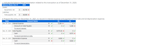 c. Indicate the balance sheet presentation related to this transaction as of December 31, 2020. Balance Sheet, Dec 31 2020 As