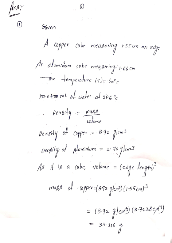 Given A (ube ореr caering An aluminum cobemeapring 66 m 55 Cm n temperature () Gc volorne of Copper= 8.42 lensty Dengity omi