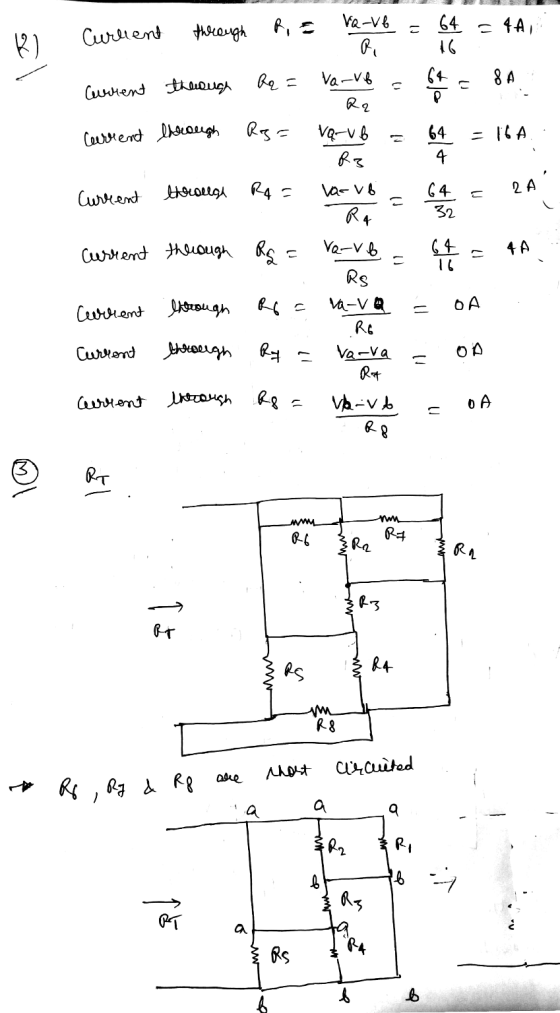 ALB Current through R, E va-ve = 64 = 44, Current through 64 = 8A jo Rq = va-vb = Rr Ros= VQ-vb - Current through - 16A - slt