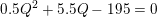 \small 0.5Q^{2}+5.5Q-195=0
