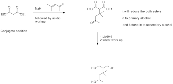 NaH Eto OEt it will reduce the both esters in to primary alcohol and ketone in to secondary alcohol Eto OEt followed by acidi