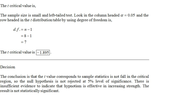 The t critical value is, The sample size is small and left-tailed test. Look in the column headed a = 0.05 and the row headed