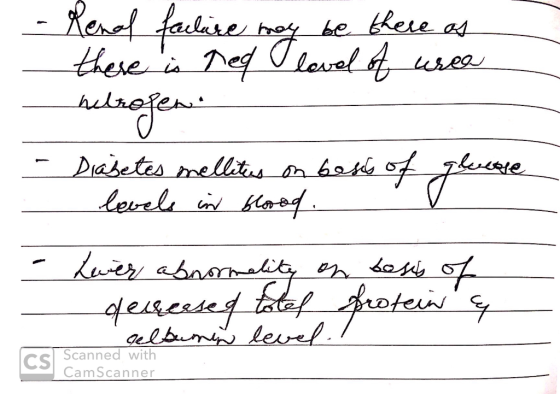 - - Renal failure may be there as there is req lovel of urea hetrogen Diabetes mellitus on boss of gluose levels in blood. Le