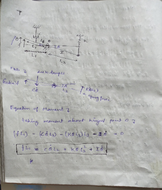 с. 40 IL FAD Z due to damper. A Actint L3 Equation of Moment I taking moment about eingeet point o a IL) - (CÓ L2) - (KOL) L2