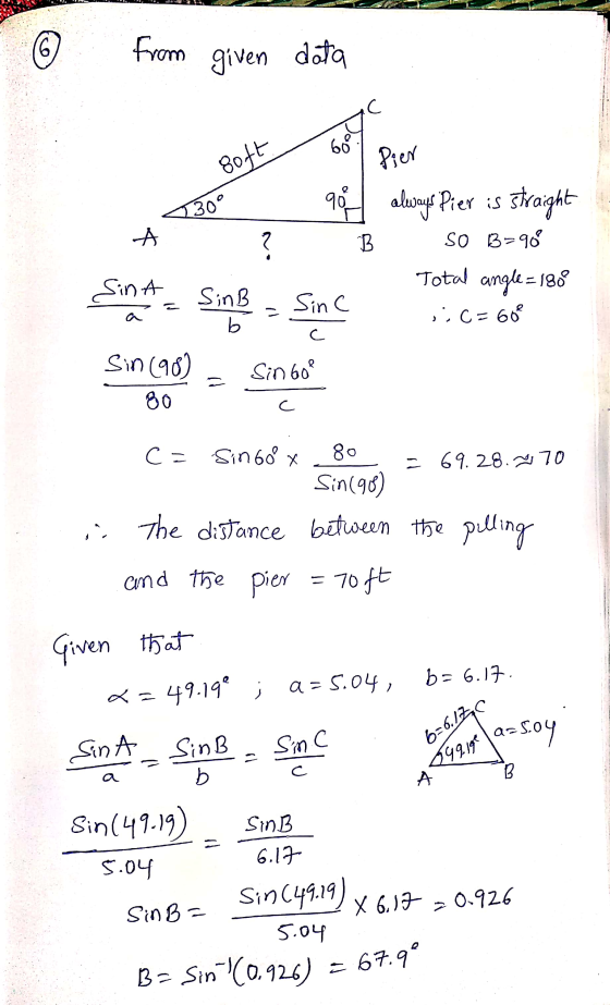 © from given data uc - soft Pier 36 98 always Pier is straight ? B SO B=988 Total angle = 188 Sint - SinB = Sinc ..c=60° Sin(