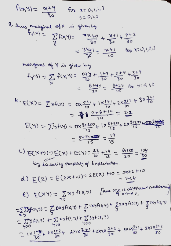 fxo,,,3 30 s,mergiral A* given by И+1 2 30 30 3M3 for E0,,2,3 margihal of Y is gien by fM,4)= 0++1+y +2+Y 43+7 30 yy)- B0 6+4