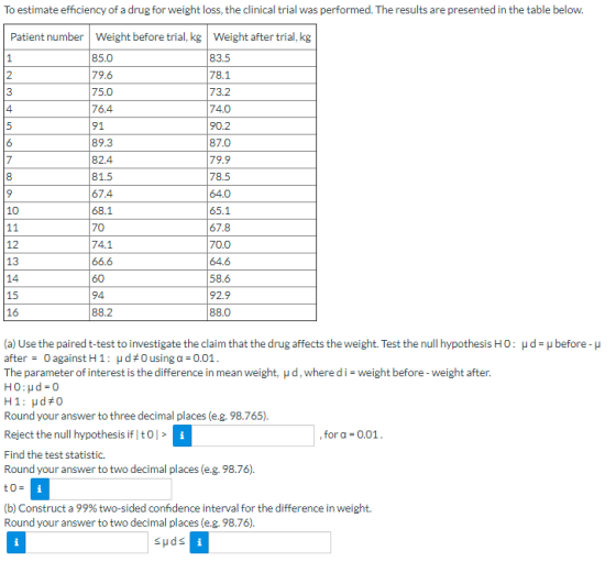 To estimate efficiency of a drug for weight loss, the clinical trial was performed. The results are presented in the table be