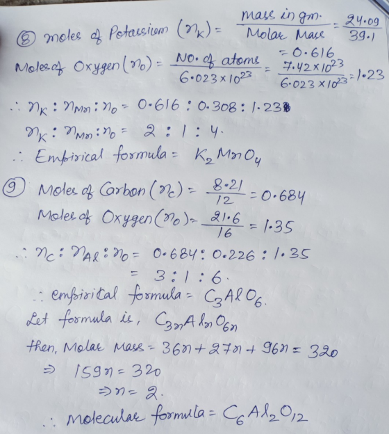 mass in gm. 24.09 © moles of Potassicom (K) = Molas Mase 39.) Moles of Oxygen (no) = No. of atoms 80.616 6•023x1023 6.023x102