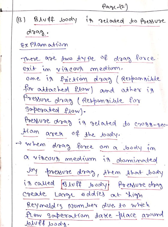 Page (2) is related to pressure (B) Bluff body drag. Ex Plamation There are two type of drag force. exit in viscous medium. o