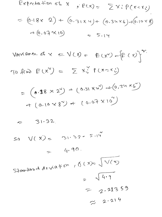 Expectation of 8 if(x) Exi P ( X = X ;) (6.31x4)+ (0.34%6) +6.10x8) +0,07 X10 6.18 Х 2) 5.14 Varance of x a V (X) V(A) = f(x)